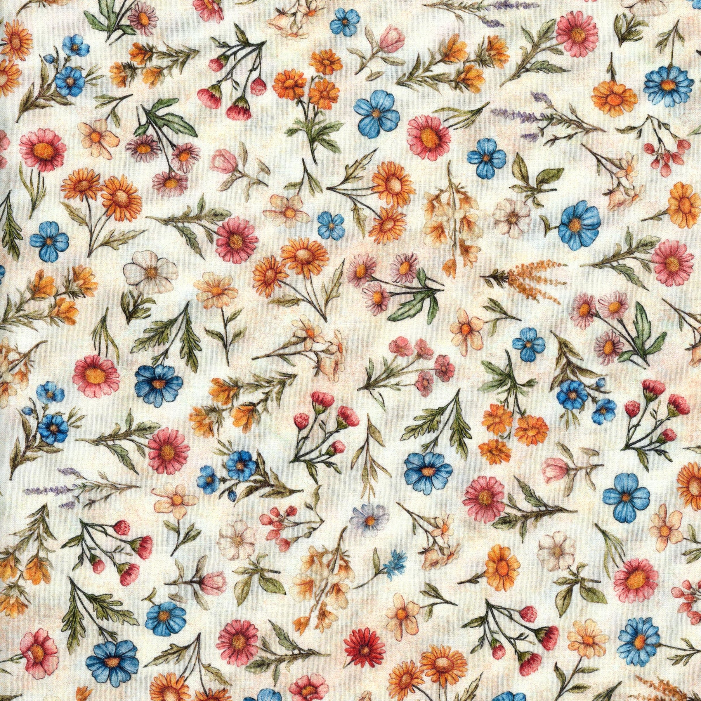QT Fabrics Lil Farmers by Morris Creative Group - Patchwork and Quilting Fabric from Brown's Craft Shed (Tags: Fabric blue cream ditsy floral Floral flowers garden Lil Farmers Morris Creative Group multi nature orange pink QT Fabrics whimsical )