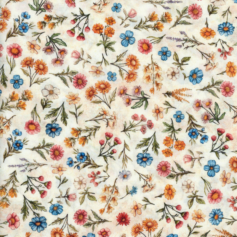 QT Fabrics Lil Farmers by Morris Creative Group - Patchwork and Quilting Fabric from Brown's Craft Shed (Tags: Fabric blue cream ditsy floral Floral flowers garden Lil Farmers Morris Creative Group multi nature orange pink QT Fabrics whimsical )