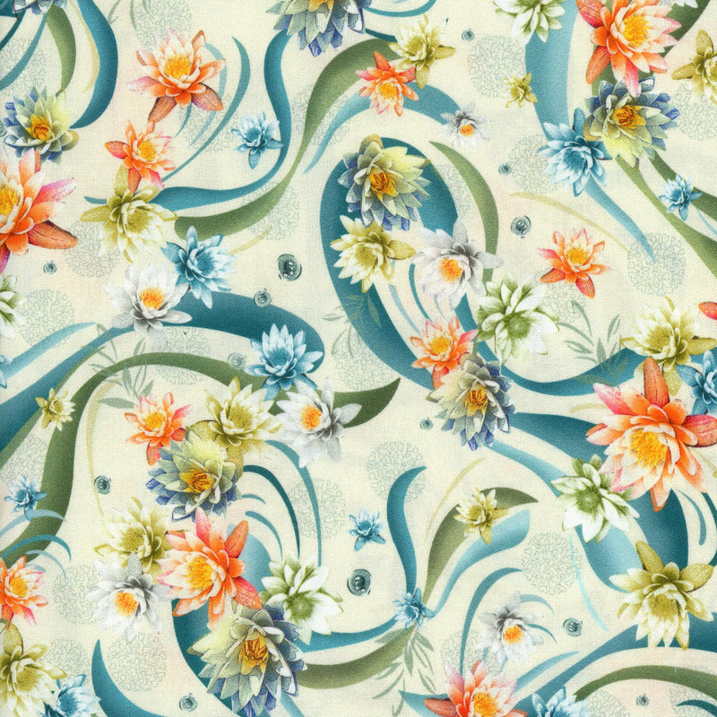 P&B Textiles Koi Pond by Clint Eager - Patchwork and Quilting Fabric from Brown's Craft Shed (Tags: Fabric aquatic asian-inspired blue botanical cream elegant green koi pond nature orange P&B Textiles pastel pink plants water whimsical )