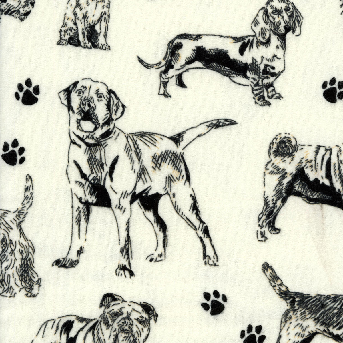 Sullivans Printed Flannelette - Patchwork and Quilting Fabric from Brown's Craft Shed (Tags: Fabric animal animals Black children cream dogs flannelette Neutral novelty paw prints playful puppy Sullivans )