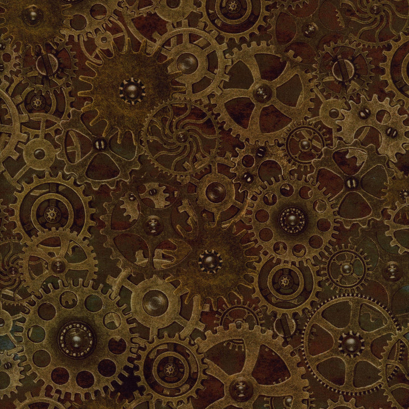 In The Beginning Fabrics - Steampunk Menagerie by Jason Yenter - Patchwork and Quilting Fabric from Brown's Craft Shed (Tags: Fabric bronze Brown cogs gears gold industrial Jason Yenter masculine mechanical novelty steampunk Steampunk Menagerie textured vintage )