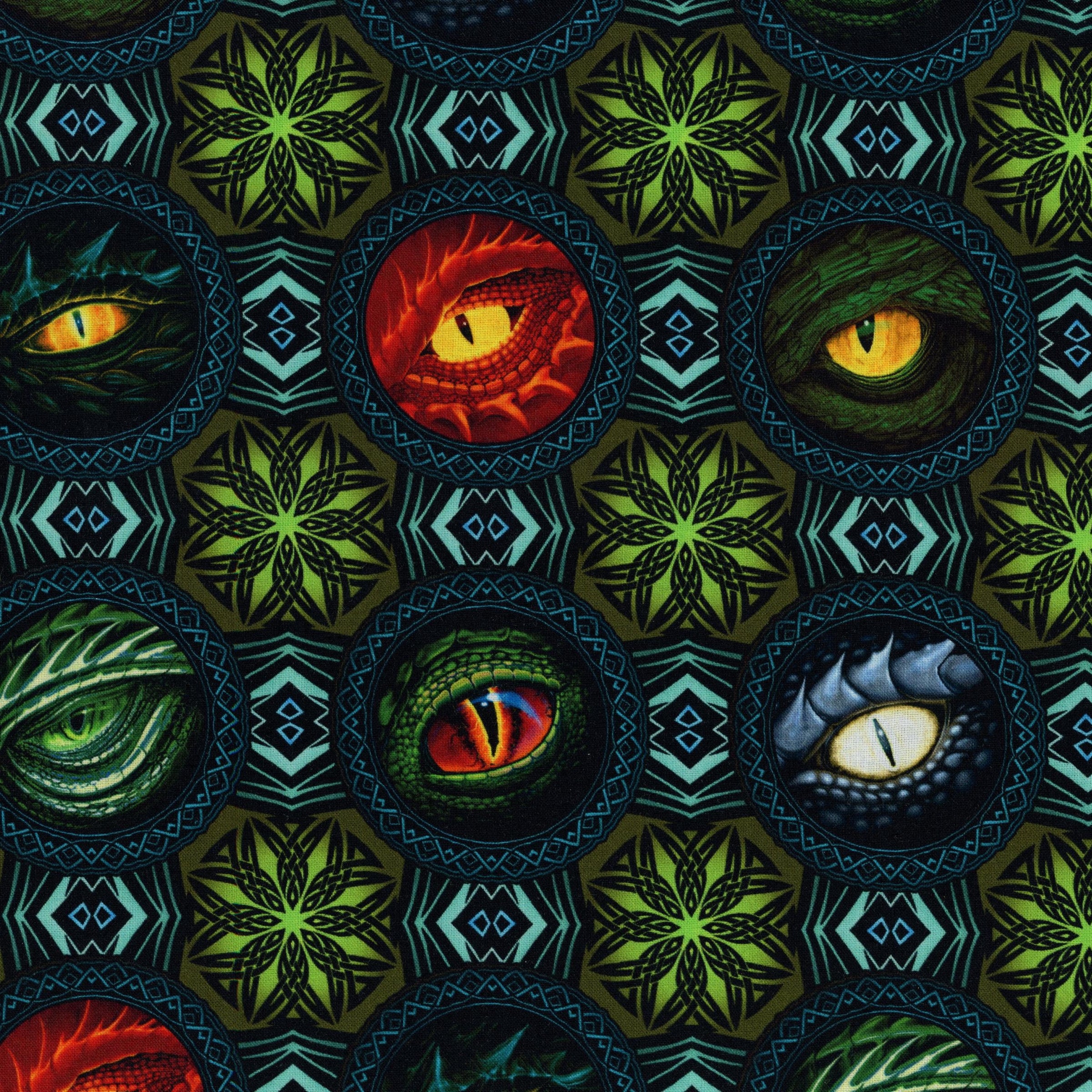 In The Beginning Fabrics: Dragons - Emerald Reign - Patchwork and Quilting Fabric from Brown's Craft Shed (Tags: Fabric dragon dramatic Emerald Reign eyes fantasy Geometric gold green mystical novelty statement fabric teal )