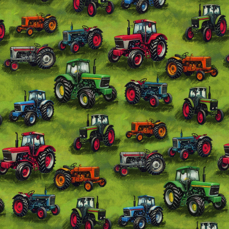 Nutex Farmyard (Tractors Green) - Patchwork and Quilting Fabric from Brown's Craft Shed (Tags: Fabric children farm farming Farmyard green multi novelty Nutex playful rural tractors vehicles whimsical )