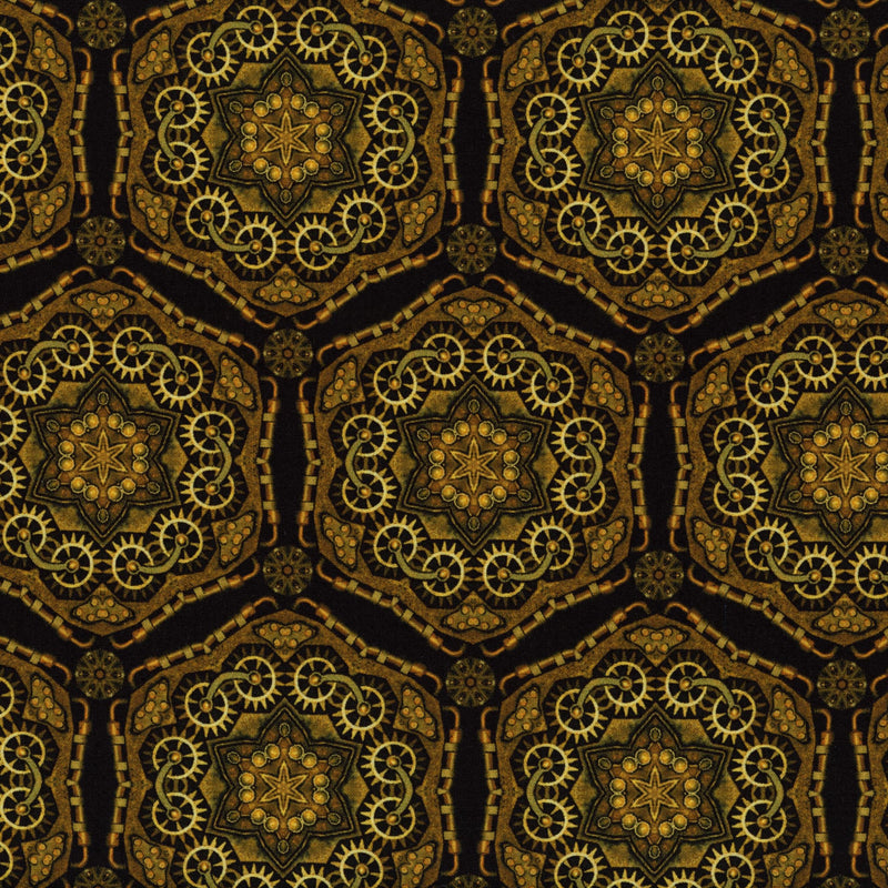 In The Beginning Fabrics - Steampunk Menagerie by Jason Yenter - Patchwork and Quilting Fabric from Brown's Craft Shed (Tags: Fabric Black bronze cogs gears Geometric gold industrial Jason Yenter ornate steampunk Steampunk Menagerie vintage )
