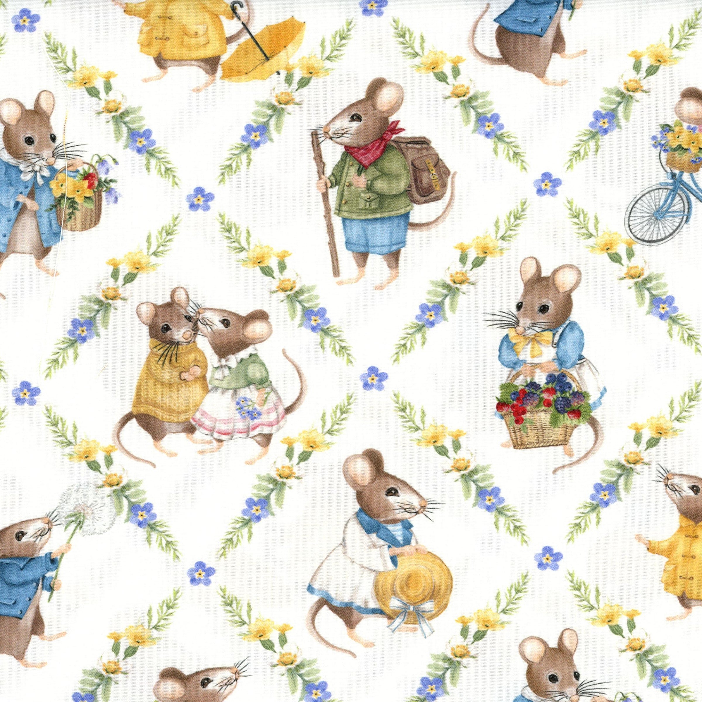 Northcott Country Mouse by Deborah Edwards - White Multi Diamond Grid