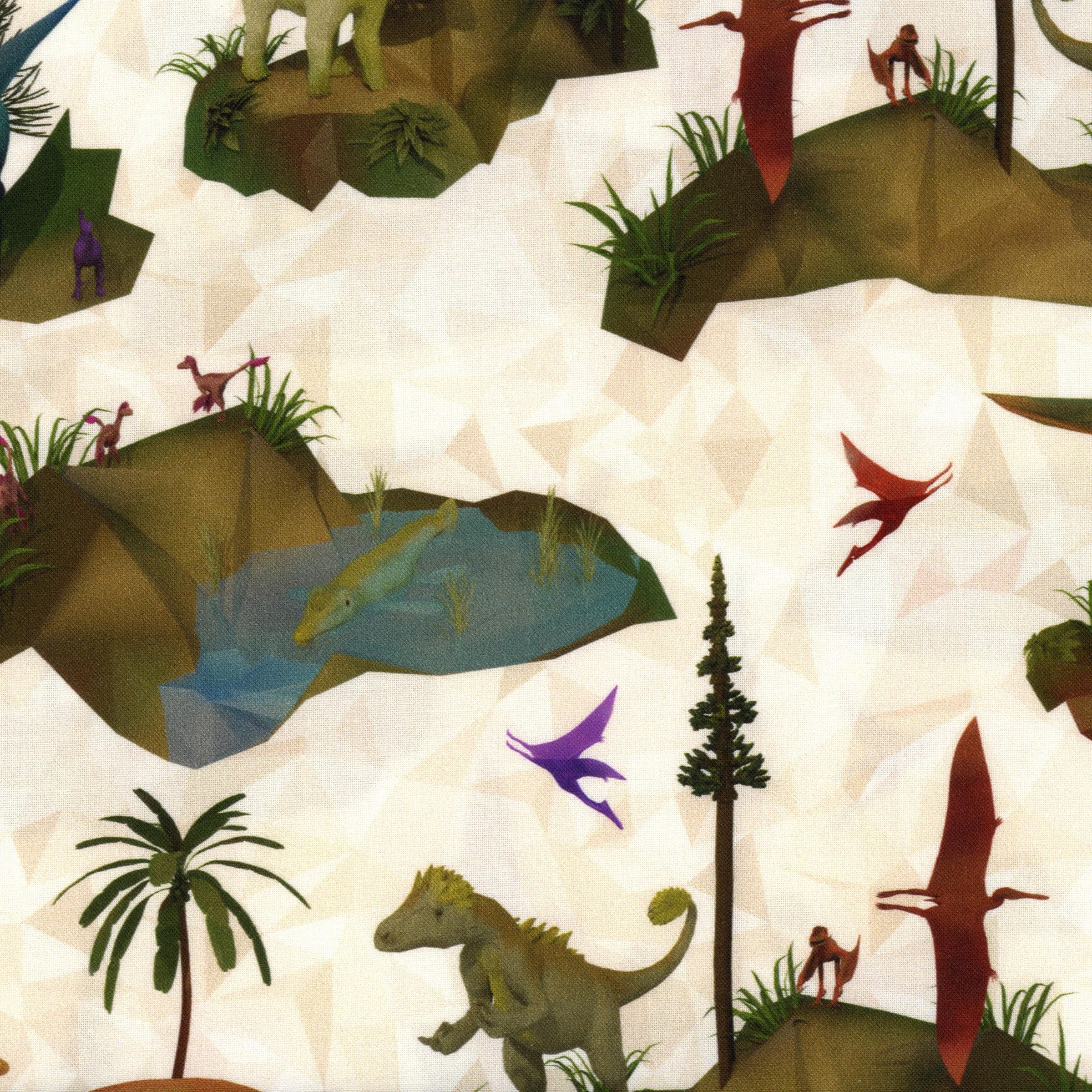 Hoffman Fabrics - Dino-Mite - Patchwork and Quilting Fabric from Brown's Craft Shed (Tags: Fabric animals children cream dinosaur dinosaurs green Hoffman Fabrics multi nature novelty playful prehistoric trees water wildlife )