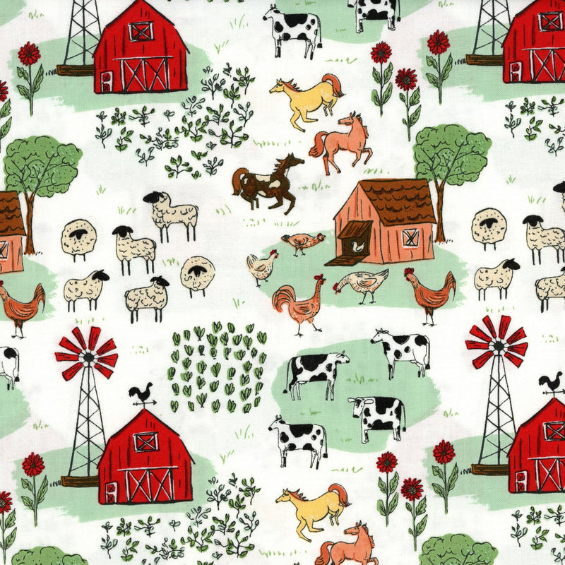 Riley Blake Designs Diane Labombarbe Farm Livin - Patchwork and Quilting Fabric from Brown's Craft Shed (Tags: Fabric animals barn children country cow farm green horse novelty patchwork playful quilting red Riley Blake Designs rooster sheep )