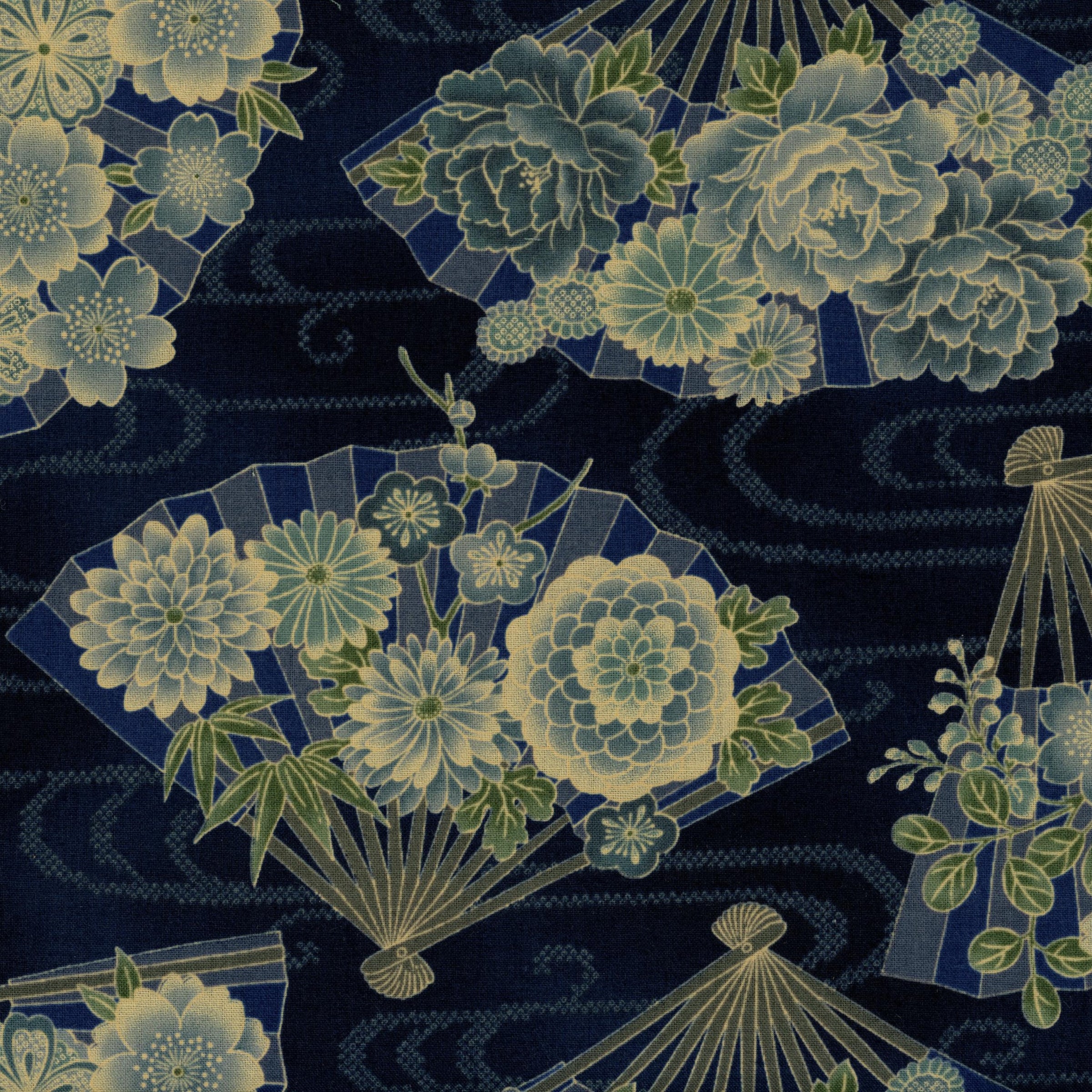 Nutex Akan - Patchwork and Quilting Fabric from Brown's Craft Shed (Tags: Fabric Akan blue elegant fans Floral gold green nature navy Nutex Oriental patterns traditional )