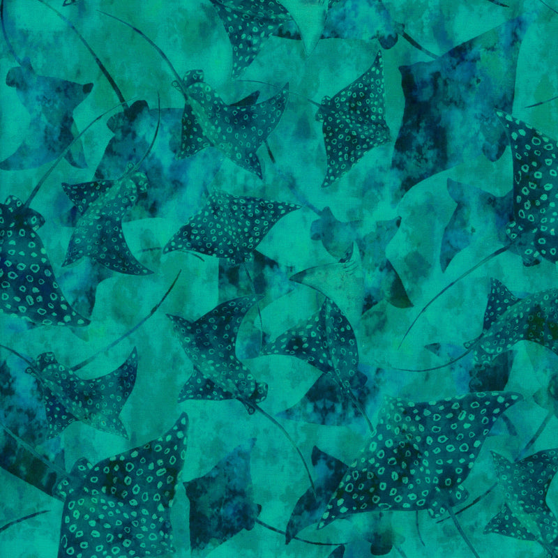 In The Beginning Fabrics - Calypso III by Jason Yenter - Patchwork and Quilting Fabric from Brown's Craft Shed (Tags: Fabric aquatic batik blue Calypso III Jason Yenter manta ray marine ocean patchwork quilting sea life teal turquoise underwater water wildlife )