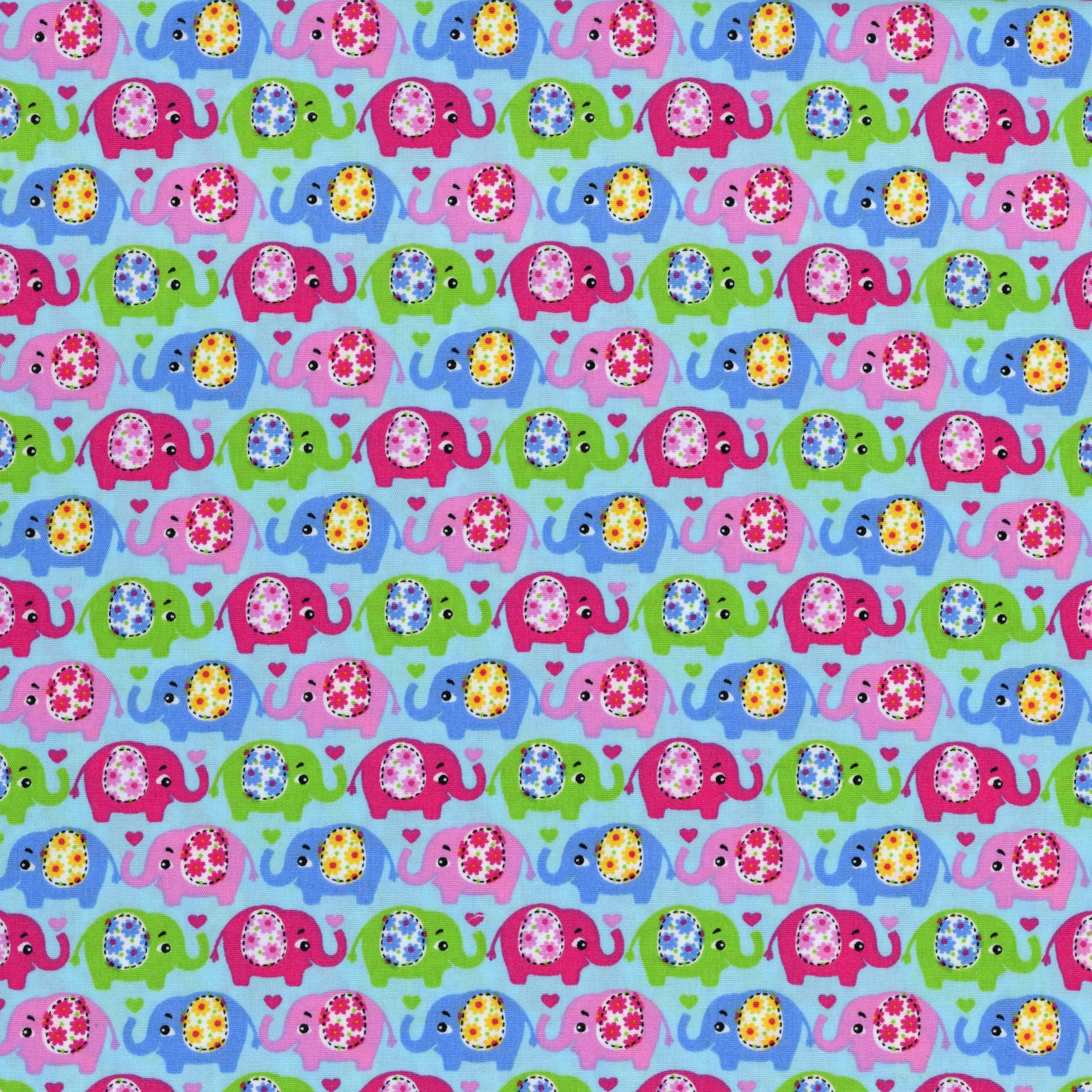 Elephants by Belleboo - Patchwork and Quilting Fabric from Brown's Craft Shed (Tags: Fabric animal animals Belleboo blue children elephants Floral green hearts novelty nursery pastel pink playful whimsical )