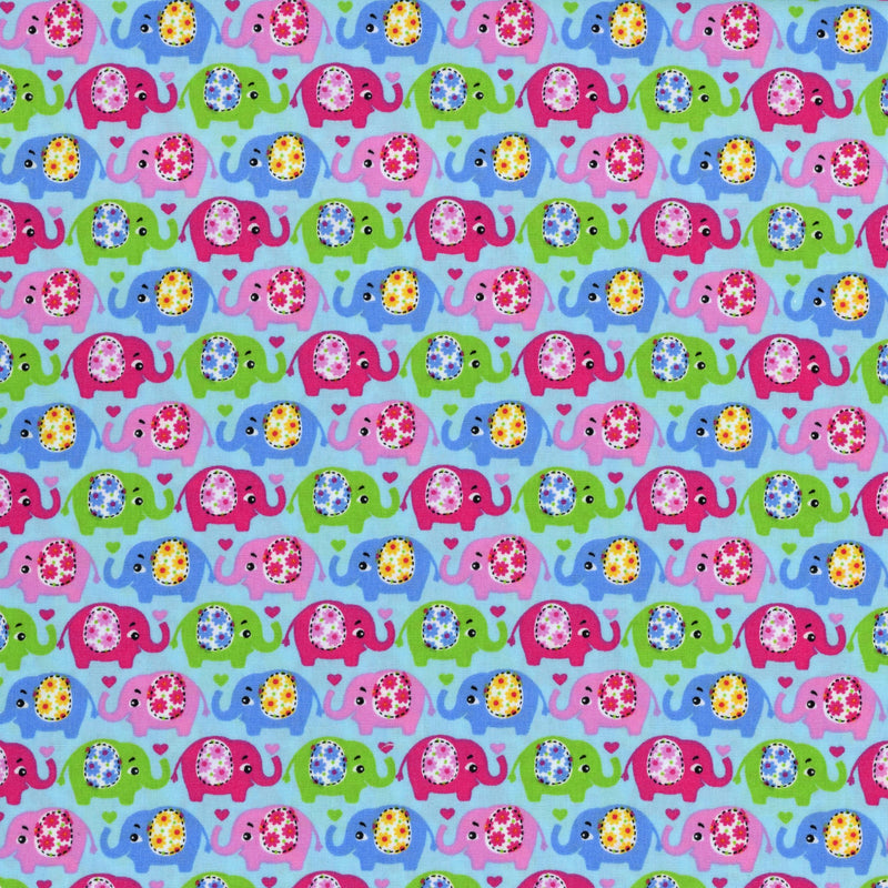 Elephants by Belleboo - Patchwork and Quilting Fabric from Brown's Craft Shed (Tags: Fabric animal animals Belleboo blue children elephants Floral green hearts novelty nursery pastel pink playful whimsical )
