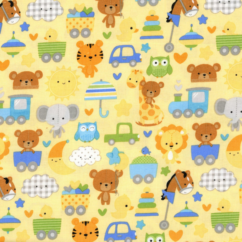 Riley Blake Designs Special Delivery Yellow - Patchwork and Quilting Fabric from Brown's Craft Shed (Tags: Fabric animals baby bear children elephant heart lion novelty nursery patchwork playful quilting Riley Blake Designs toys train )