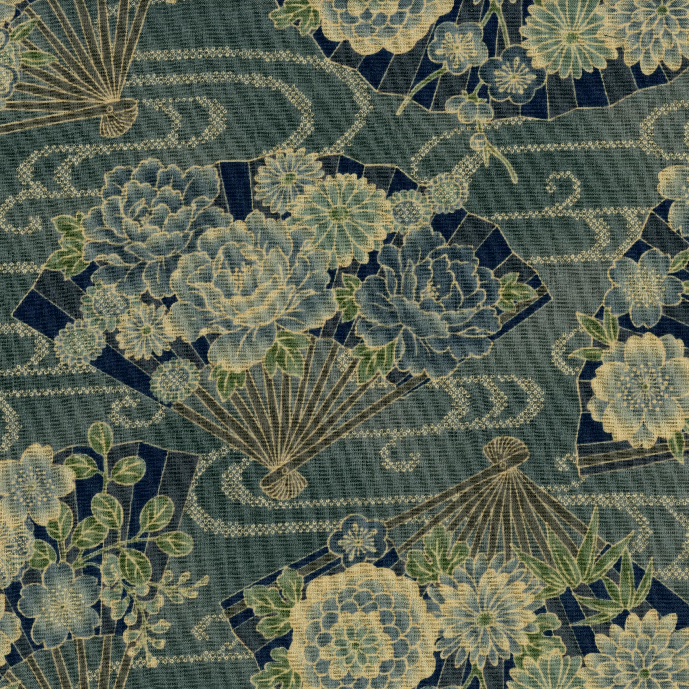 Nutex Akan - Patchwork and Quilting Fabric from Brown's Craft Shed (Tags: Fabric Akan blue elegant fans Floral green nature Nutex Oriental patterns teal traditional )