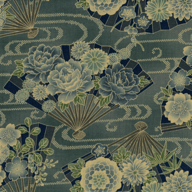 Nutex Akan - Patchwork and Quilting Fabric from Brown's Craft Shed (Tags: Fabric Akan blue elegant fans Floral green nature Nutex Oriental patterns teal traditional )