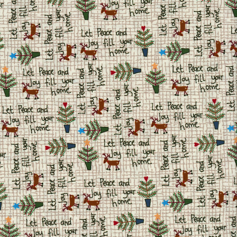 Nutex - Christmas Traditions by Lynette Anderson (Peace & Joy) - Patchwork and Quilting Fabric from Brown's Craft Shed (Tags: Fabric beige christmas traditions christmas trees festive green holiday lettering Lynette Anderson novelty Nutex red reindeer seasonal whimsical )