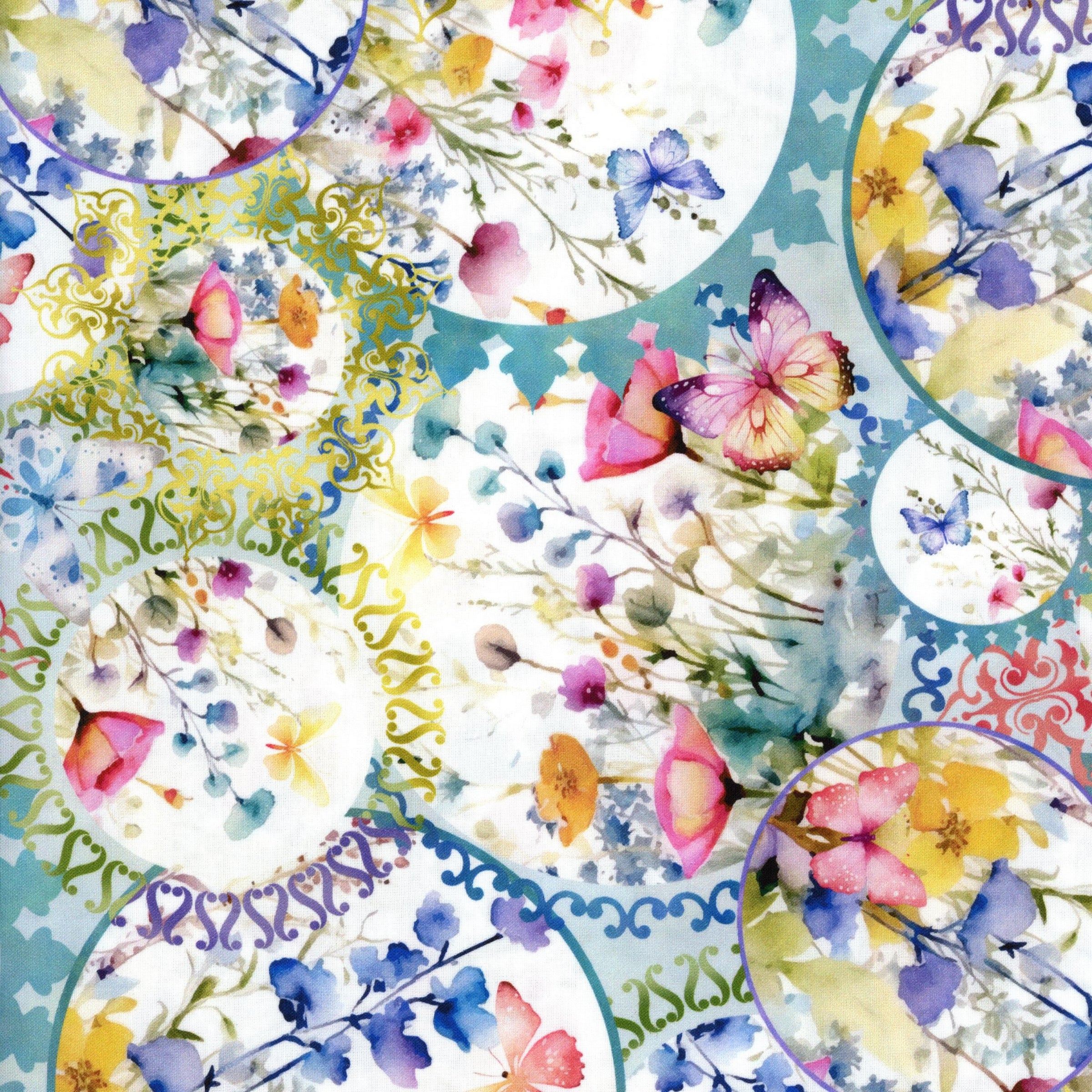 In The Beginning Fabrics: Butterfly Fantasy by Jason Yenter - Patchwork and Quilting Fabric from Brown's Craft Shed (Tags: Fabric blue butterfly Butterfly Fantasy Floral garden Jason Yenter nature pastel pink teal watercolour whimsical )