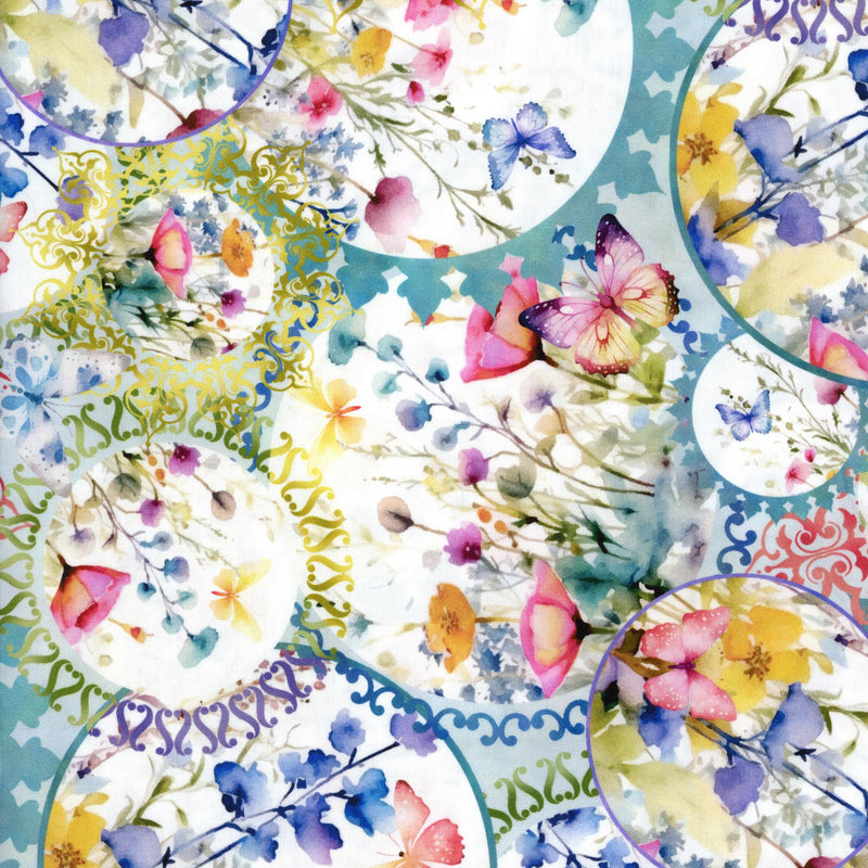 In The Beginning Fabrics: Butterfly Fantasy by Jason Yenter - Patchwork and Quilting Fabric from Brown's Craft Shed (Tags: Fabric blue butterfly Butterfly Fantasy Floral garden Jason Yenter nature pastel pink teal watercolour whimsical )