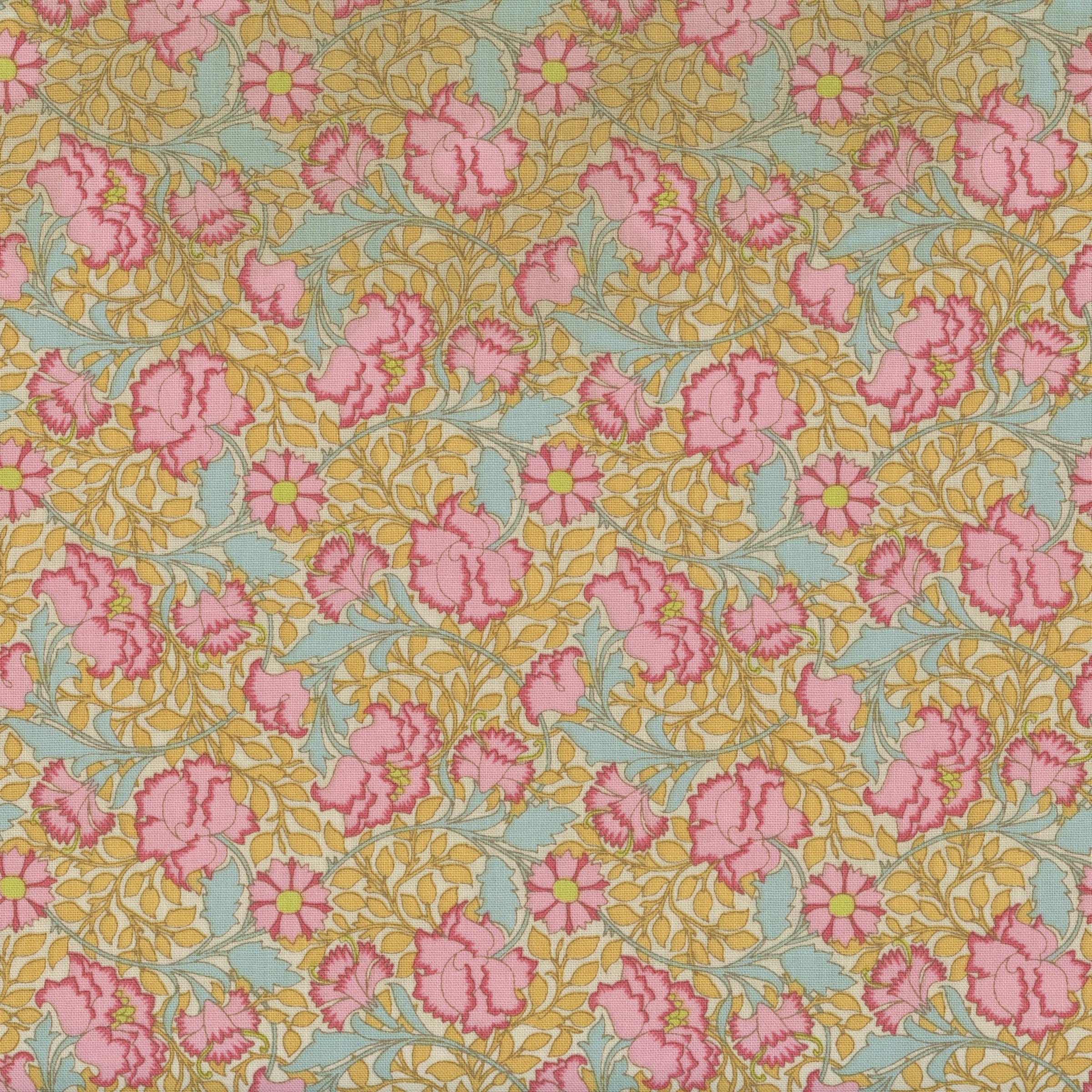 Tilda Songbird - Flora Mustard - Patchwork and Quilting Fabric from Brown's Craft Shed (Tags: Fabric blue cottage Flora Mustard Floral garden gold mustard nature pink romantic Tilda Tilda Songbird vines vintage )
