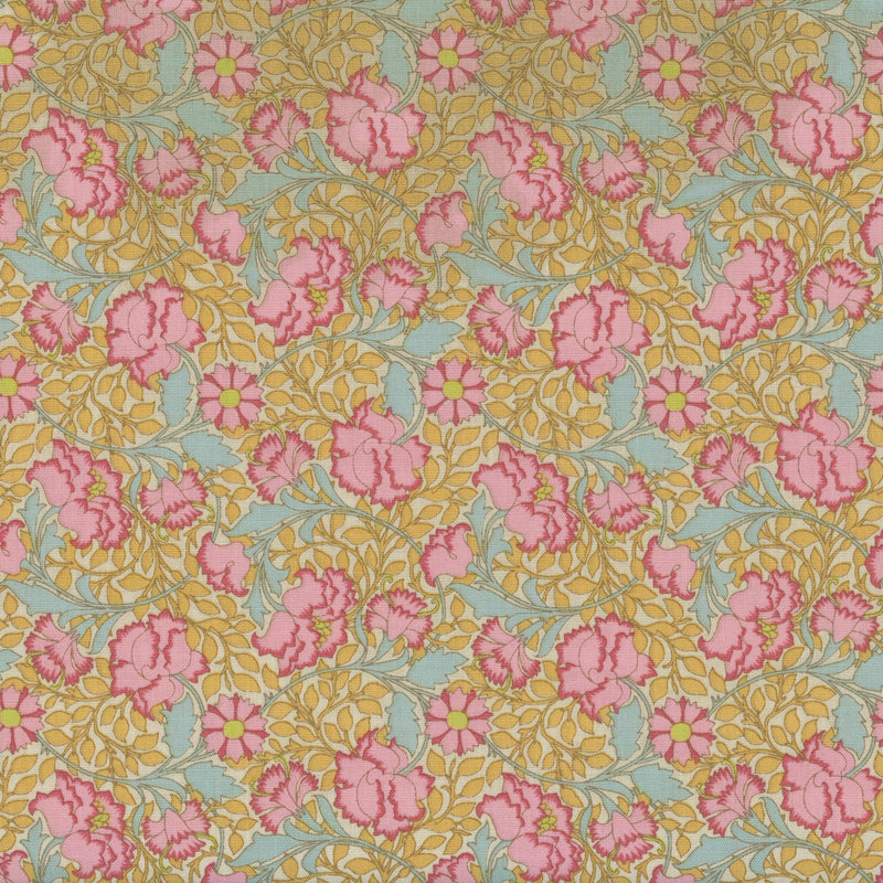 Tilda Songbird - Flora Mustard - Patchwork and Quilting Fabric from Brown's Craft Shed (Tags: Fabric blue cottage Flora Mustard Floral garden gold mustard nature pink romantic Tilda Tilda Songbird vines vintage )