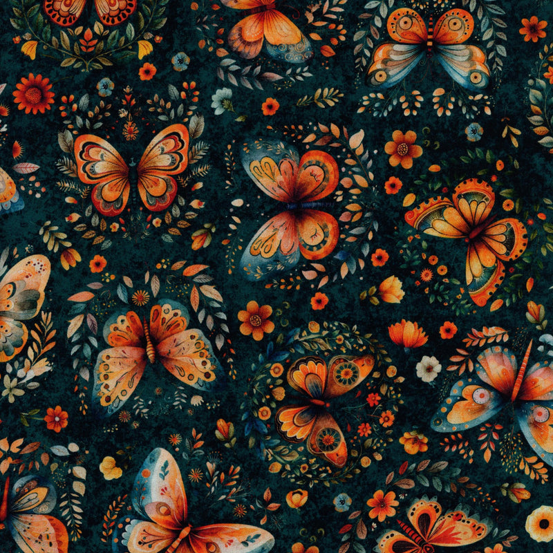 QT Fabrics Harvest Hollow by Morris Creative Group - Patchwork and Quilting Fabric from Brown's Craft Shed (Tags: Fabric autumn butterflies butterfly dark background Floral flowers garden gold Harvest Hollow Morris Creative Group nature orange QT Fabrics teal whimsical )