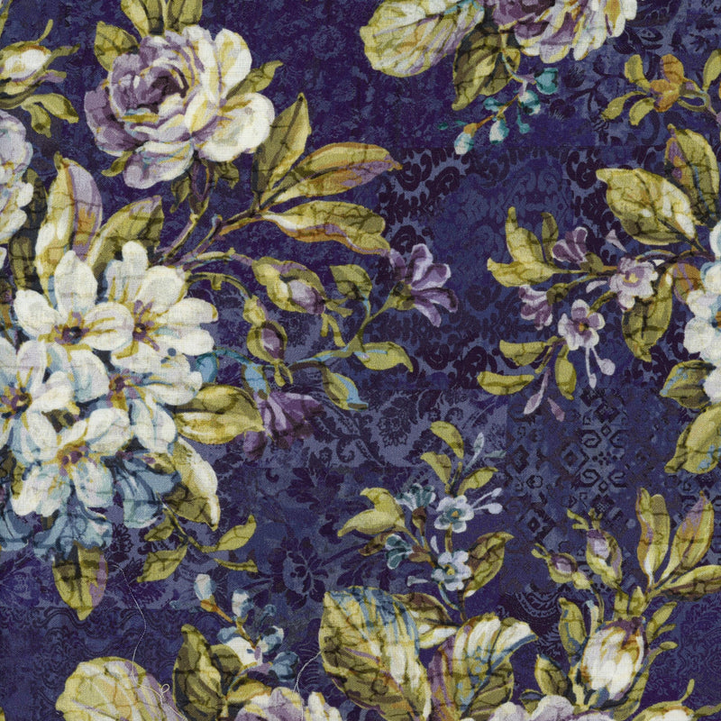 In The Beginning Fabrics - Carpet Bag Romance by Jason Yenter - Patchwork and Quilting Fabric from Brown's Craft Shed (Tags: Fabric blue Carpet Bag Romance damask feature print Floral Jason Yenter multi nature navy olive ornate purple vintage white )