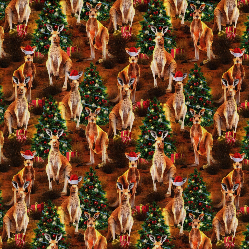 KK Fabrics Milvale Design Studio Festive Friends Kangaroos - Patchwork and Quilting Fabric from Brown's Craft Shed (Tags: Fabric animals australiana christmas festive green holiday kangaroo nature novelty playful red seasonal whimsical wildlife )