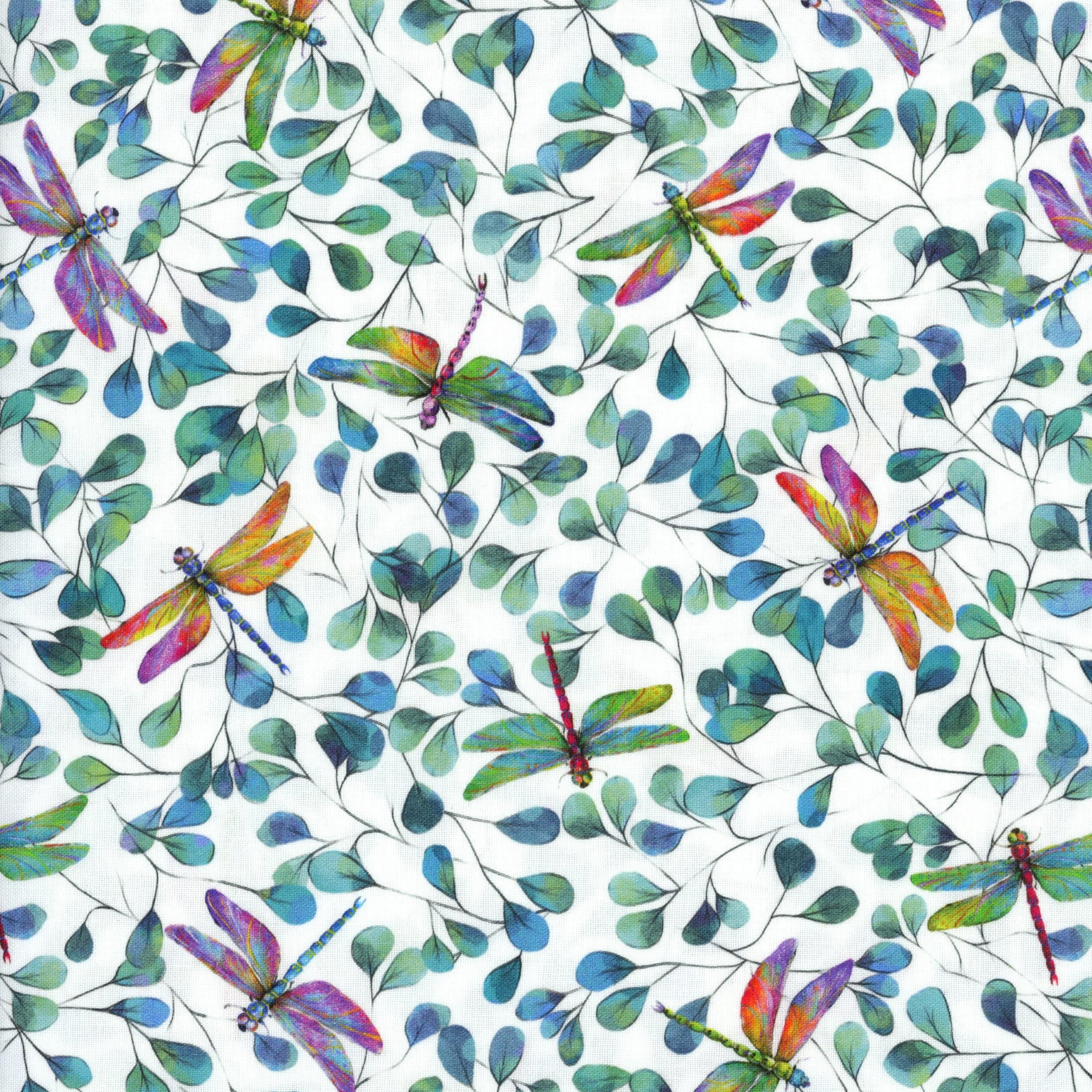 Nutex Dragonflies (Dragonfly White) - Patchwork and Quilting Fabric from Brown's Craft Shed (Tags: Fabric blue dragonfly Floral green insects nature novelty Nutex plants teal watercolour whimsical white wildlife )