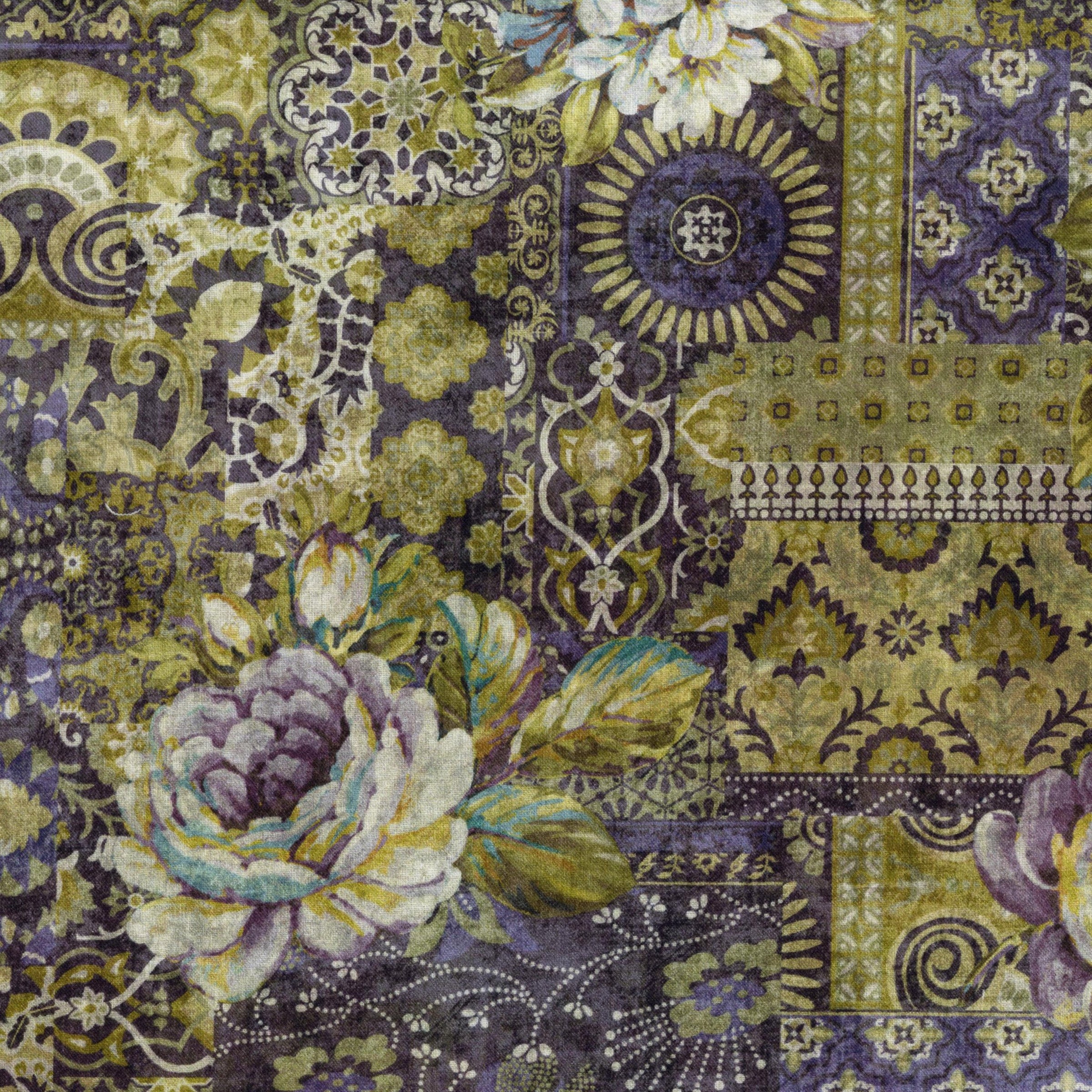In The Beginning Fabrics - Carpet Bag Romance by Jason Yenter - Patchwork and Quilting Fabric from Brown's Craft Shed (Tags: Fabric baroque Carpet Bag Romance feature print Floral Geometric gold Jason Yenter mosaic multi olive ornate patterns purple vintage )
