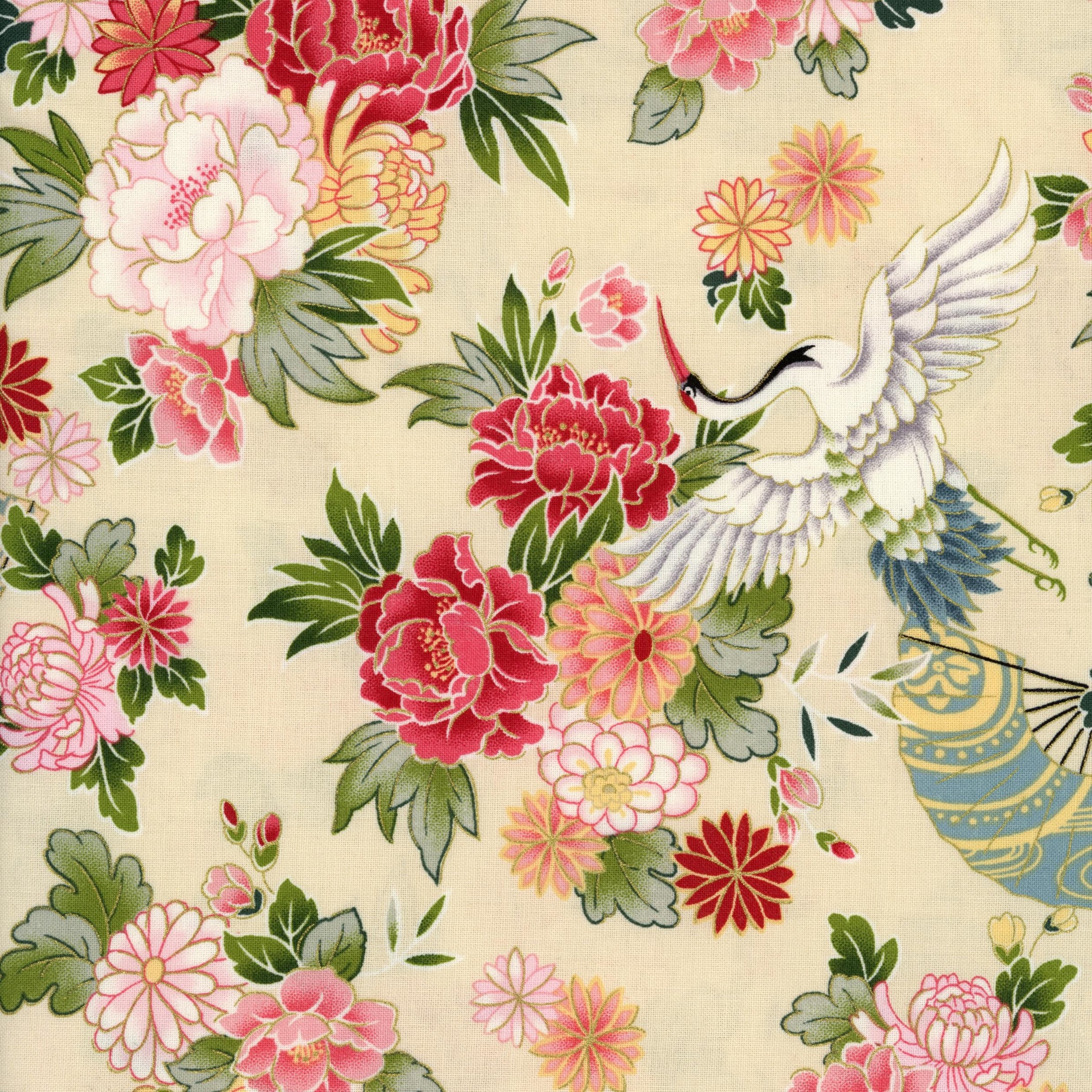 Red Rooster Fabrics - Serenity by Anna Fishkin - Patchwork and Quilting Fabric from Brown's Craft Shed (Tags: Fabric Anna Fishkin birds blue crane cream elegant Floral garden green nature pink red Red Rooster Fabrics )