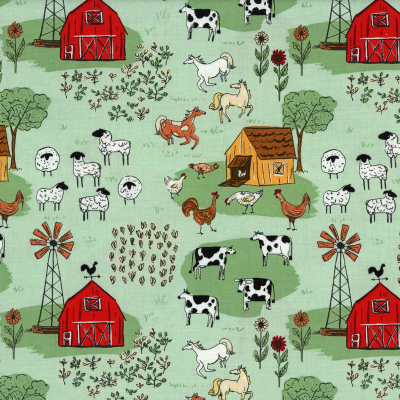 Riley Blake Designs Diane Labombarbe Farm Livin Mint - Patchwork and Quilting Fabric from Brown's Craft Shed (Tags: Fabric animals barnyard chickens children cows Diane Labombarbe farm green horses mint nature novelty pasture playful Riley Blake Designs sheep whimsical )