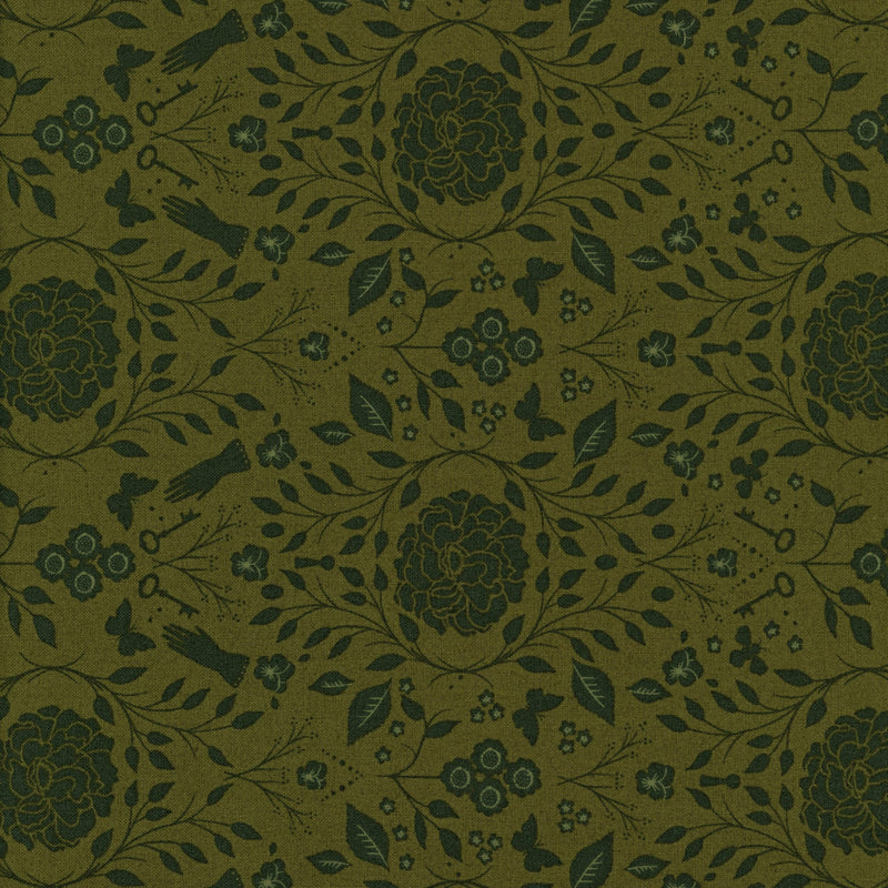 Moda Fabrics - Evermore - Patchwork and Quilting Fabric from Brown's Craft Shed (Tags: Fabric butterfly Evermore fabric flowers garden green keys Moda Fabrics nature olive patchwork quilting cotton Secret Garden Olive vintage whimsical )