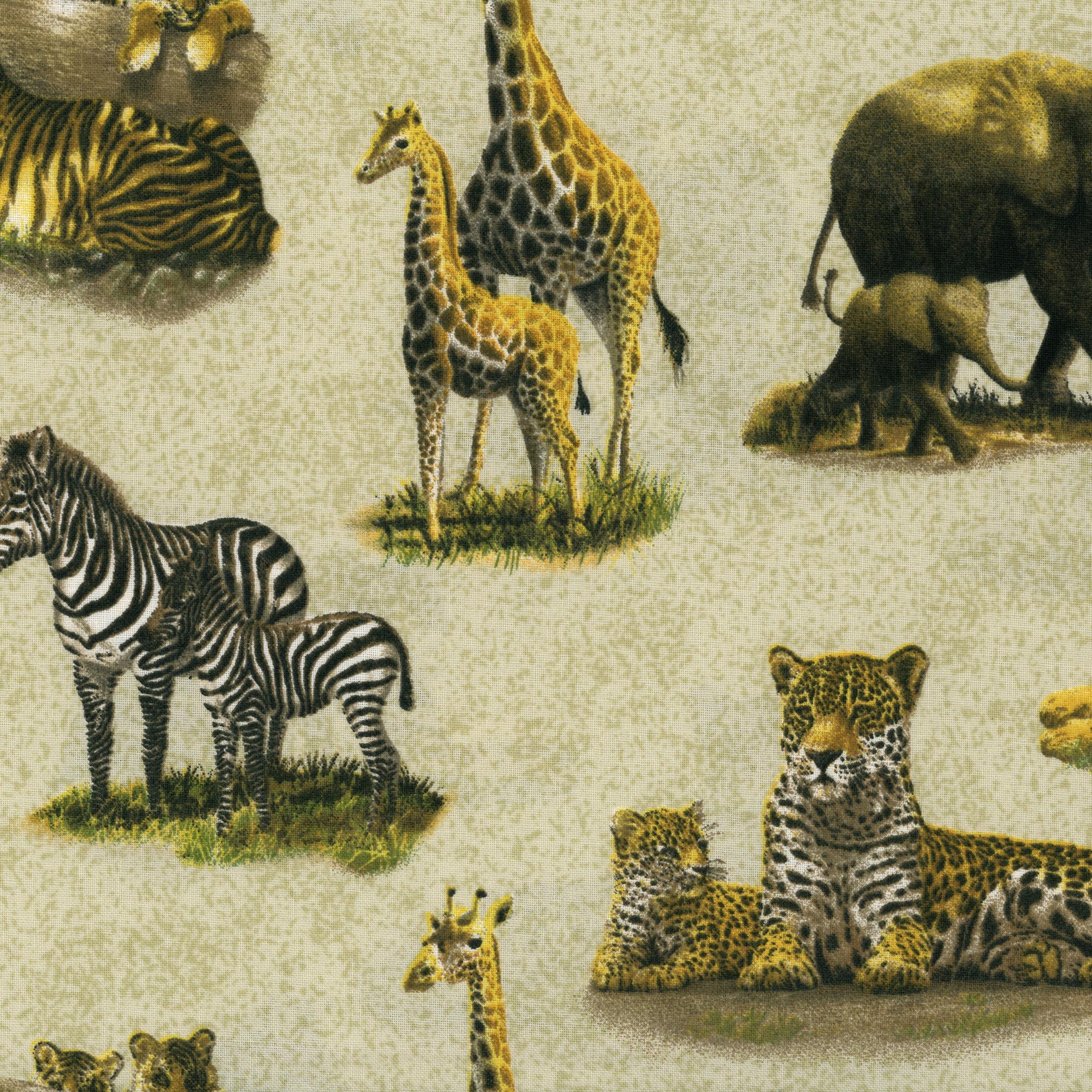 Hautman Safari - Patchwork and Quilting Fabric from Brown's Craft Shed (Tags: Fabric animal print animals children cream elephant giraffe Hautman Safari jungle leopard nature Neutral safari tiger wildlife zebra )