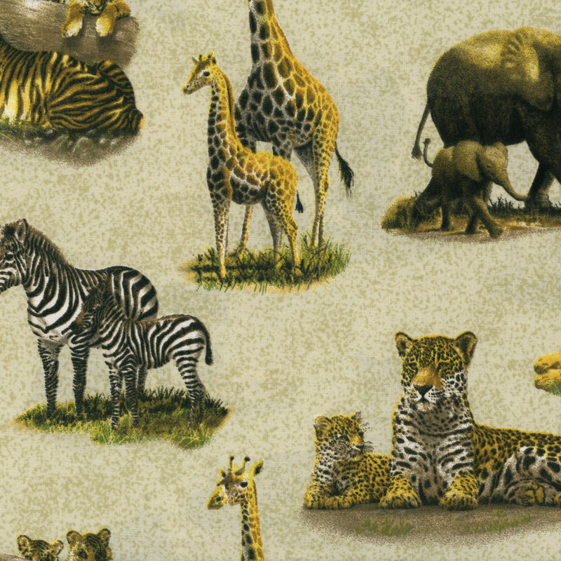 Hautman Safari - Patchwork and Quilting Fabric from Brown's Craft Shed (Tags: Fabric animal print animals children cream elephant giraffe Hautman Safari jungle leopard nature Neutral safari tiger wildlife zebra )