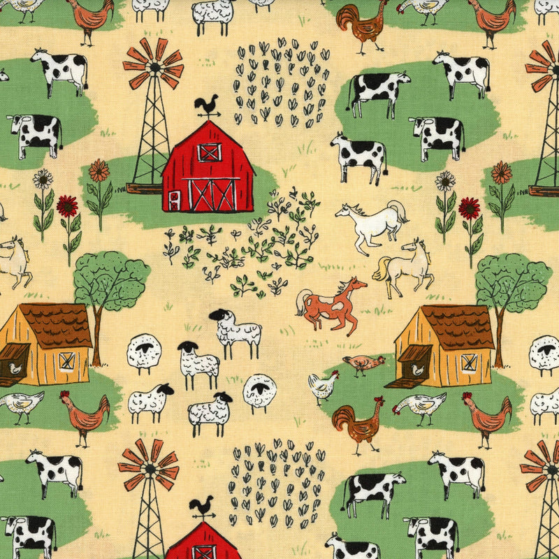 Riley Blake Designs Diane Labombarbe Farm Livin Sunshine - Patchwork and Quilting Fabric from Brown's Craft Shed (Tags: Fabric animals barnyard beige chickens children cows Diane Labombarbe farm green horses novelty pasture playful red Riley Blake Designs sheep whimsical )