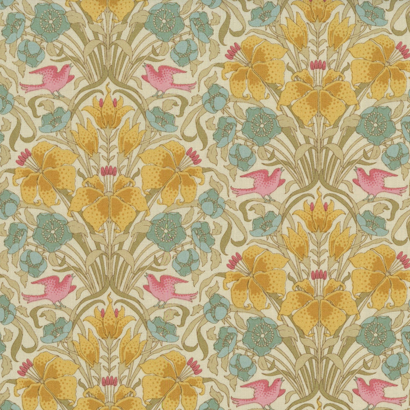 Tilda Songbird - Songbird Mustard - Patchwork and Quilting Fabric from Brown's Craft Shed (Tags: Fabric birds cottage cream Floral mustard nature pink teal Tilda Tilda Songbird vines vintage whimsical Yellow )