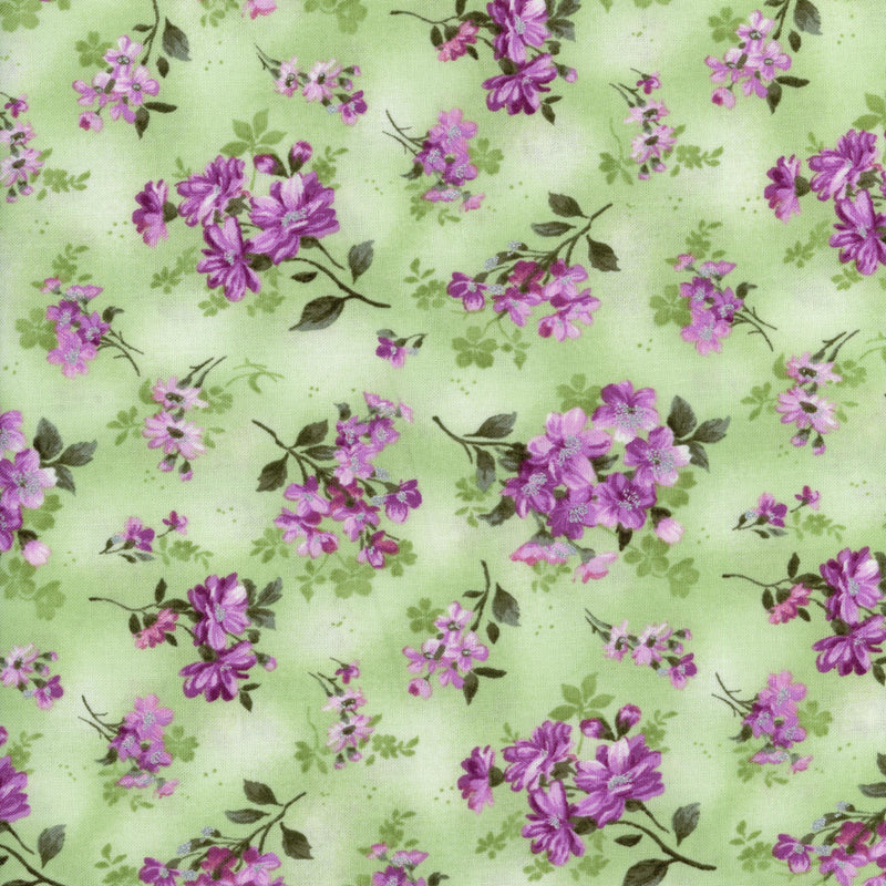 Fabri-Quilt Inc - Silhouettes - Flowers on Green - Patchwork and Quilting Fabric from Brown's Craft Shed (Tags: Fabric elegant Fabri-Quilt feminine garden green lilac Lilac Cluster Green metallic nature patchwork purple quilting Silhouettes silver soft floral spring timeless violet )