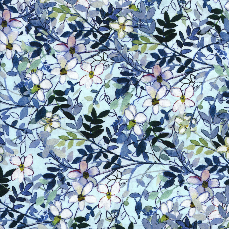 Clothworks Blue Meadow by Sue Zipkin - Patchwork and Quilting Fabric from Brown's Craft Shed (Tags: Fabric blue Blue Meadow Clothworks Floral flowers garden green nature pastel patterns Sue Zipkin vines whimsical white )