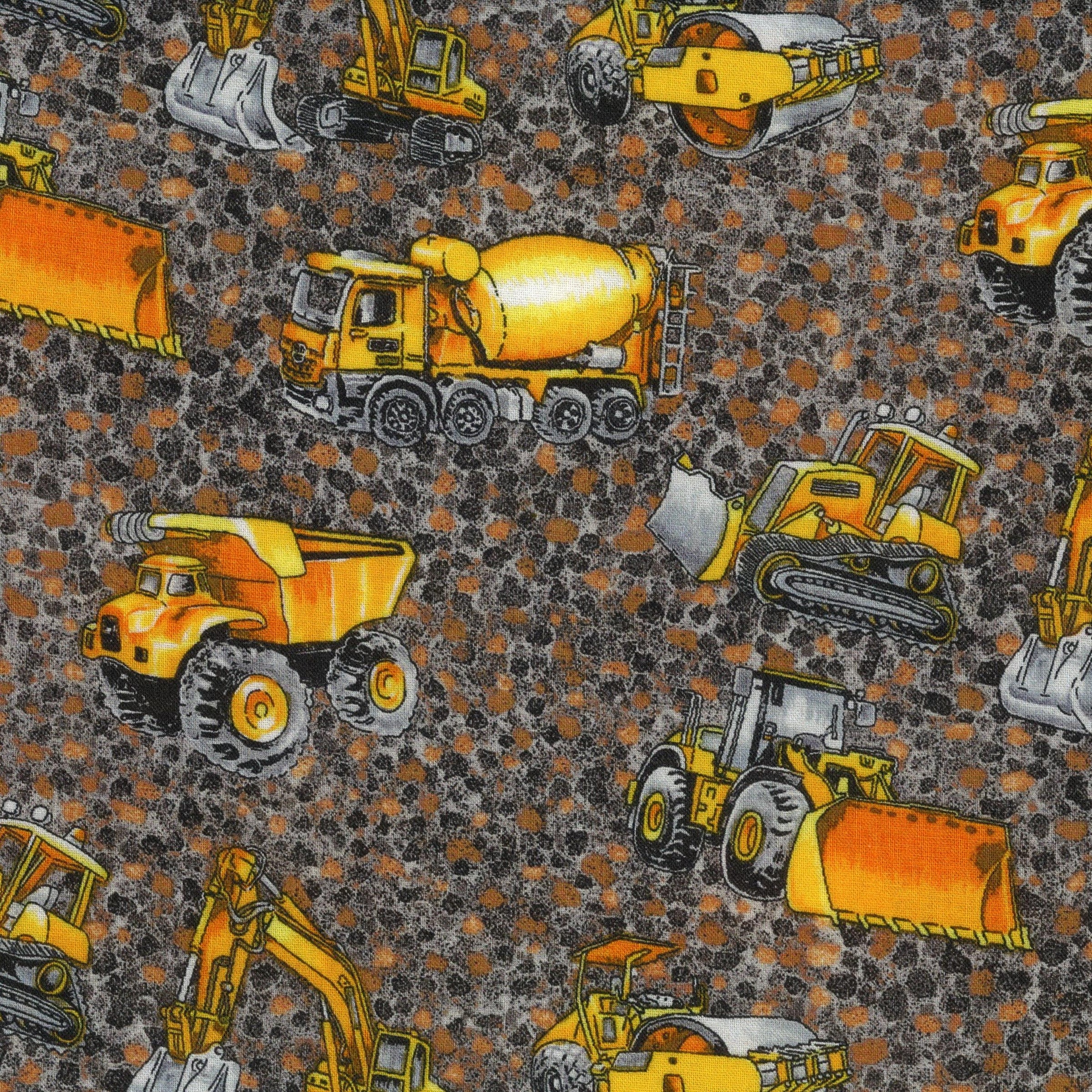 Nutex Trucks & Diggers - Patchwork and Quilting Fabric from Brown's Craft Shed (Tags: Fabric boys children construction diggers grey machinery novelty Nutex orange playful transport trucks vehicles worksite )
