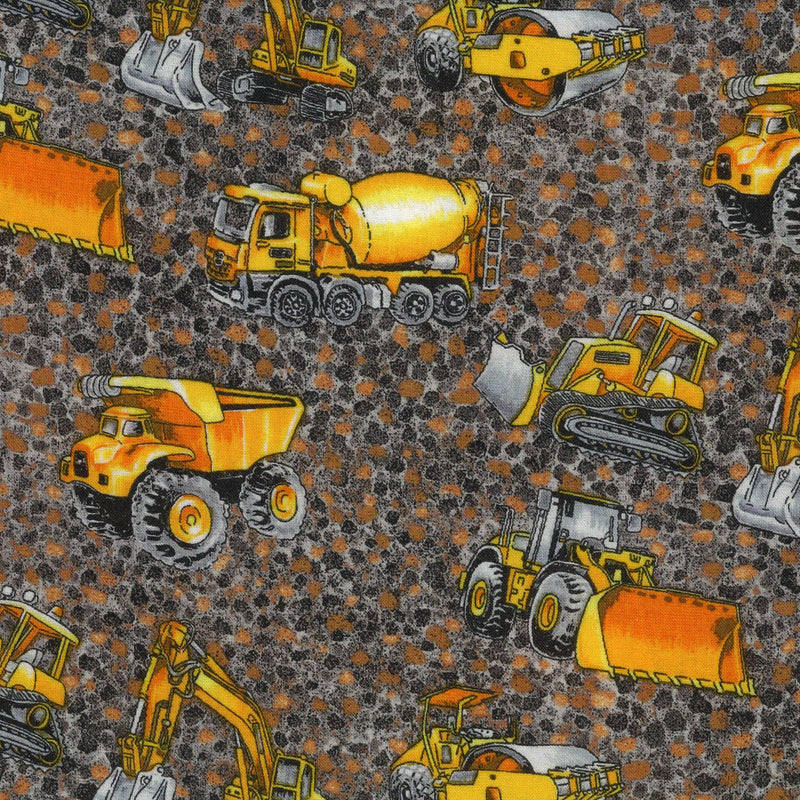 Nutex Trucks & Diggers - Patchwork and Quilting Fabric from Brown's Craft Shed (Tags: Fabric boys children construction diggers grey machinery novelty Nutex orange playful transport trucks vehicles worksite )