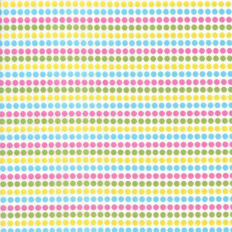 Rainbow Dot Rows - Patchwork and Quilting Fabric from Brown's Craft Shed (Tags: Fabric blue children green multi pastel patterns pink playful polka dots Stripes )