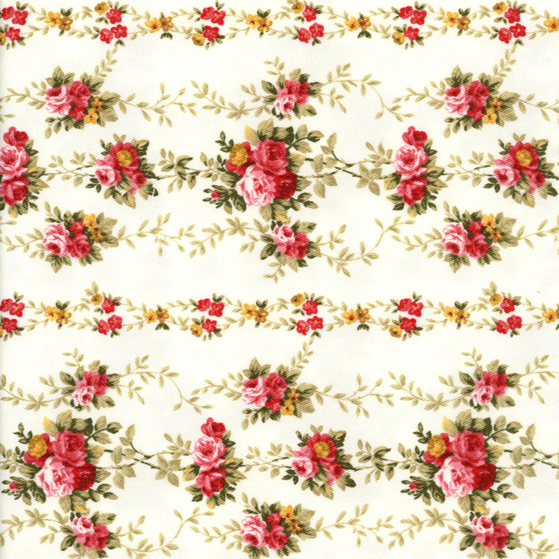 Vintage Rose Garland - Patchwork and Quilting Fabric from Brown's Craft Shed (Tags: Fabric classic cottage cream Floral green pink red romantic roses timeless vines vintage )