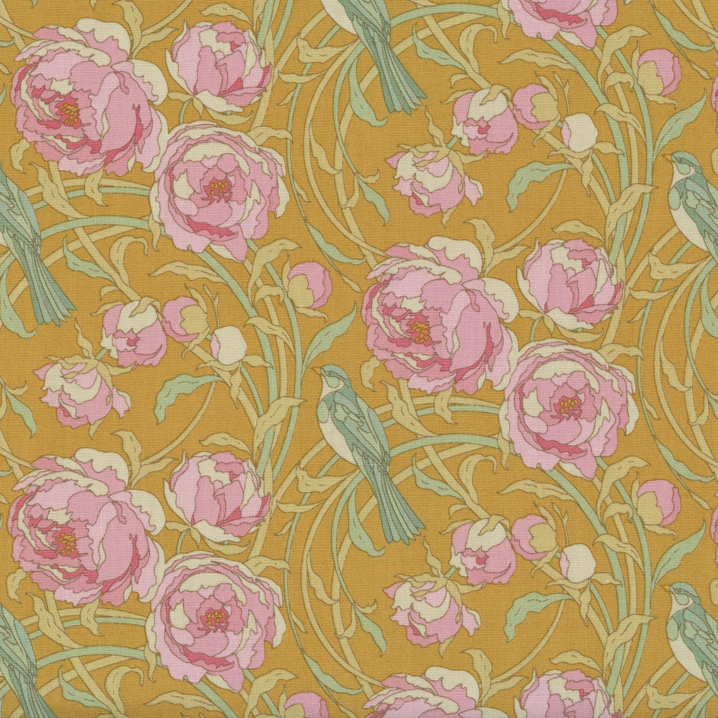 Tilda Songbird - Cora Mustard - Patchwork and Quilting Fabric from Brown's Craft Shed (Tags: Fabric birds Cora Floral garden green mustard nature pink romantic Tilda Tilda Songbird vintage whimsical )