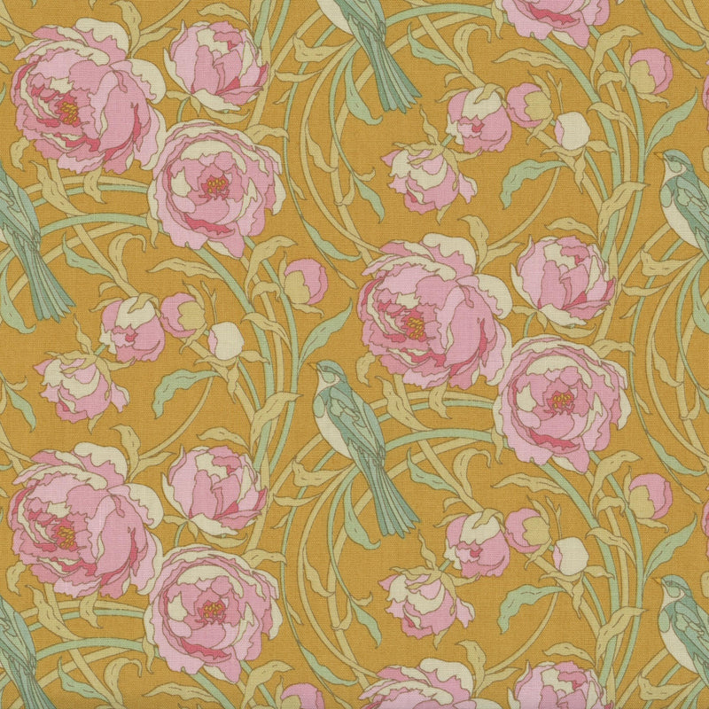 Tilda Songbird - Cora Mustard - Patchwork and Quilting Fabric from Brown's Craft Shed (Tags: Fabric birds Cora Floral garden green mustard nature pink romantic Tilda Tilda Songbird vintage whimsical )
