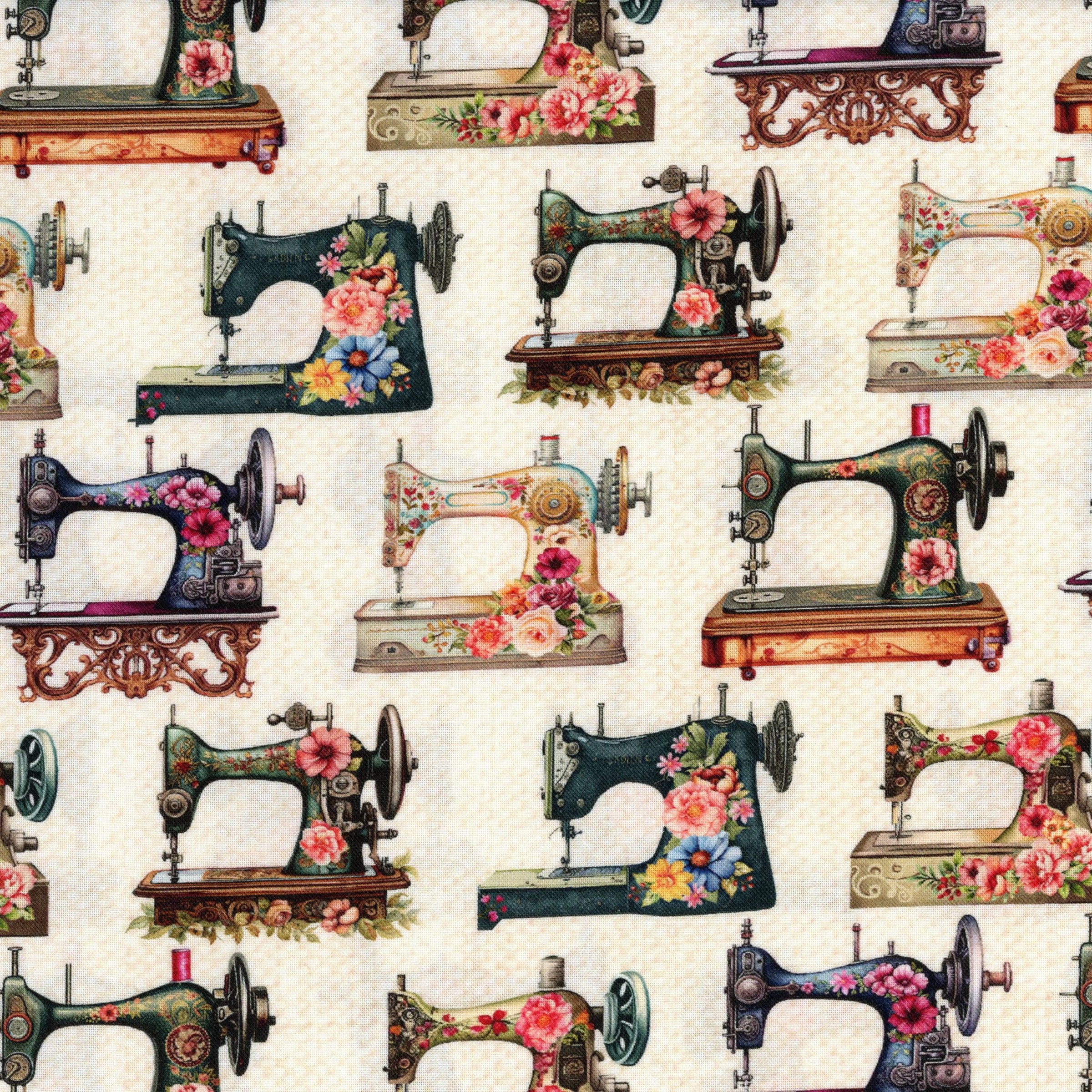 Timeless Treasures Happy Place - Patchwork and Quilting Fabric from Brown's Craft Shed (Tags: Fabric blue cottage craft cream green Happy Place novelty pink sewing machines sewing themed Timeless Treasures vintage whimsical )