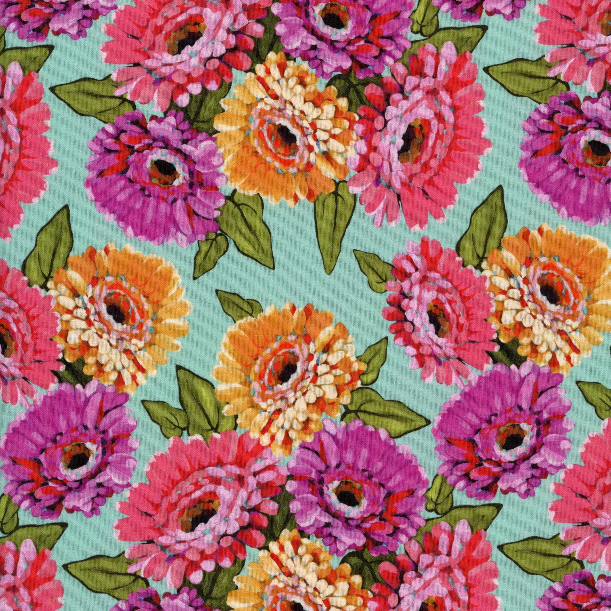 Riley Blake Designs - Zinnias by Lila Tueller (Aqua) - Patchwork and Quilting Fabric from Brown's Craft Shed (Tags: Fabric aqua Floral flowers garden Lila Tueller multi nature orange pink plants purple Riley Blake Designs summer florals vibrant Zinnias )