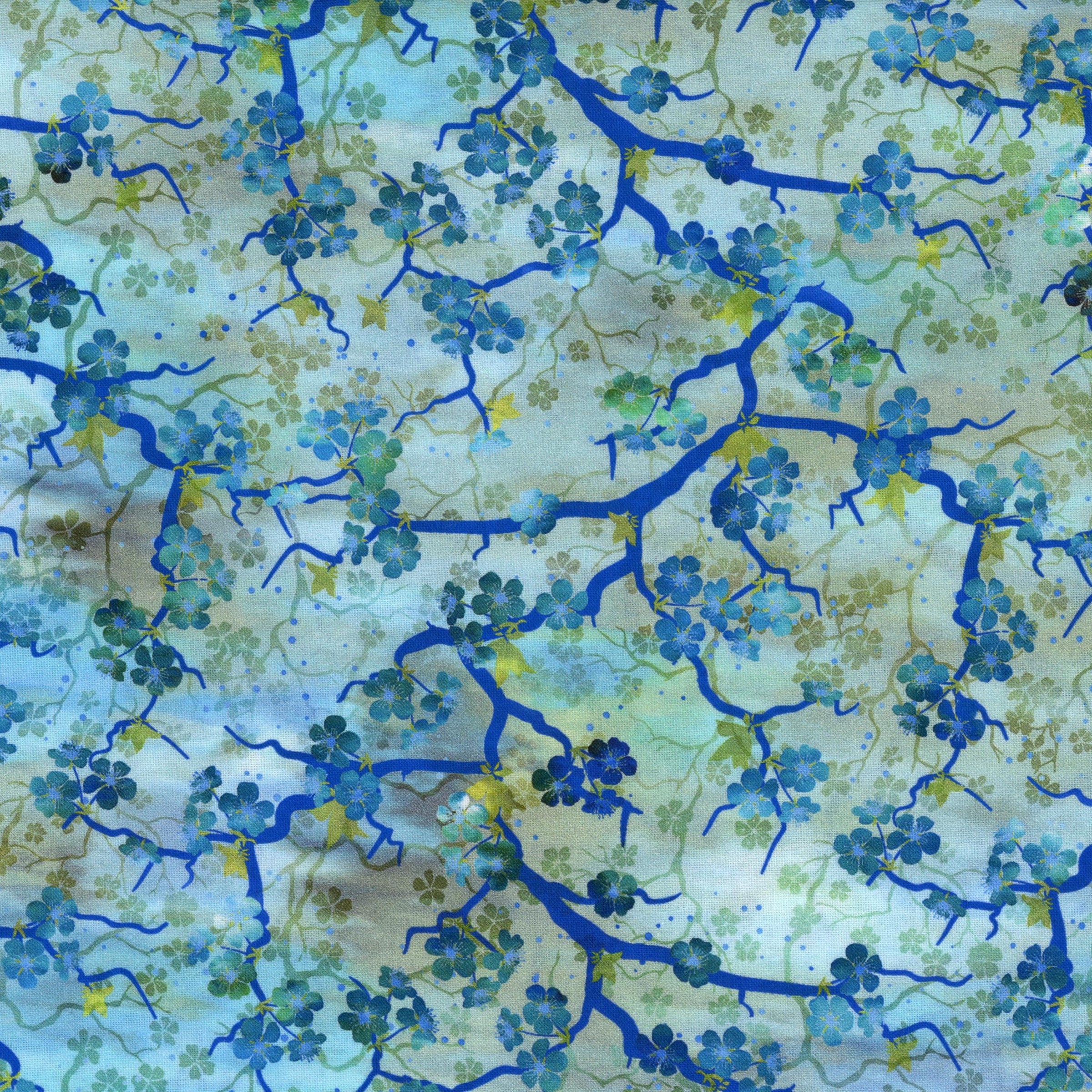 In The Beginning Fabrics - Oriental Gardens by Jason Yenter - Patchwork and Quilting Fabric from Brown's Craft Shed (Tags: Fabric Asian inspired blue branches elegant Floral garden green Jason Yenter nature Oriental Gardens teal vines watercolour )