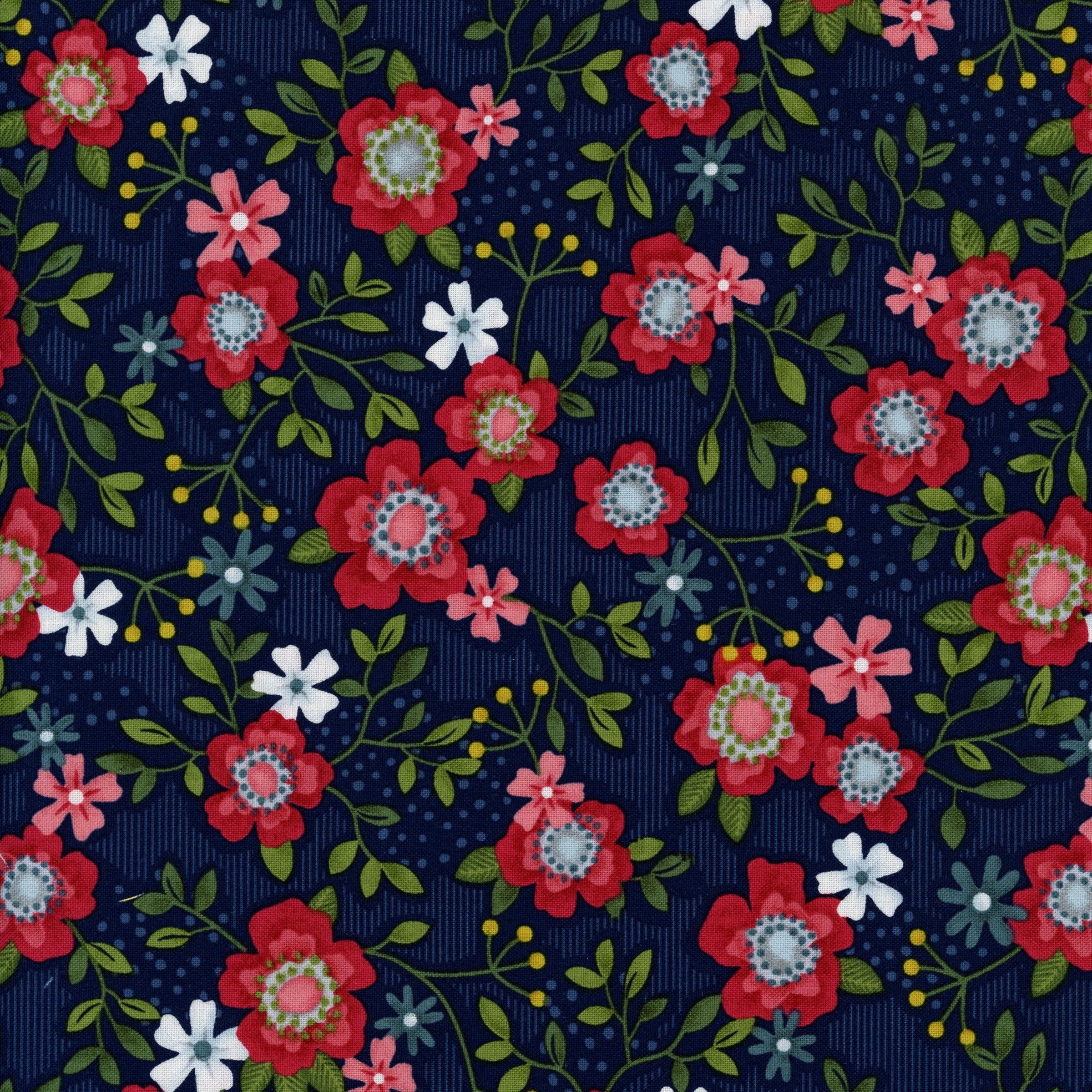 Benartex "Wander Lane I" by Nancy Halvorsen - Patchwork and Quilting Fabric from Brown's Craft Shed (Tags: Fabric Benartex Cottage Garden Floral Green Leaves Nancy Halvorsen Red Flowers Wander Lane I )