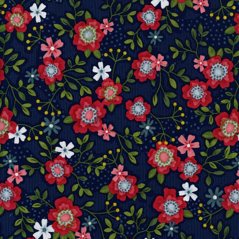Benartex "Wander Lane I" by Nancy Halvorsen - Patchwork and Quilting Fabric from Brown's Craft Shed (Tags: Fabric Benartex Cottage Garden Floral Green Leaves Nancy Halvorsen Red Flowers Wander Lane I )