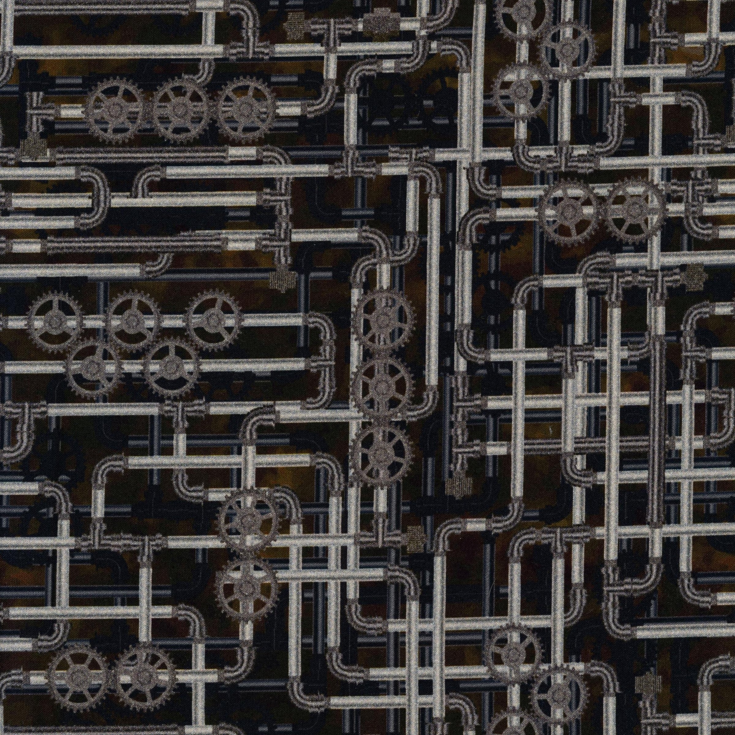 In The Beginning Fabrics - Steampunk Menagerie by Jason Yenter - Patchwork and Quilting Fabric from Brown's Craft Shed (Tags: Fabric Black cogs gears grey industrial Jason Yenter mechanical metallic modern patterns pipes steampunk Steampunk Menagerie textures )