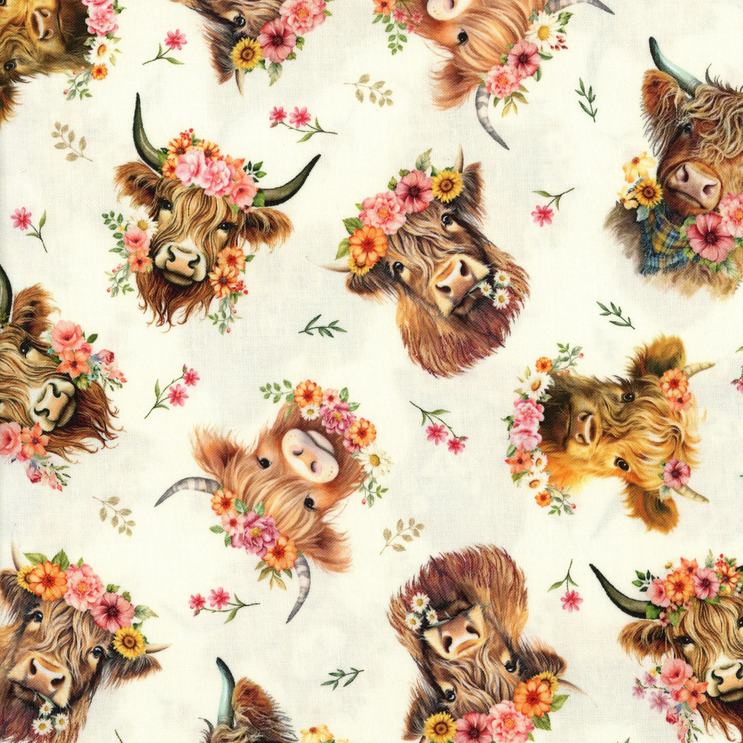 Timeless Treasures You Are My Sunshine (Cream) - Patchwork and Quilting Fabric from Brown's Craft Shed (Tags: Fabric animal animals country cow cream Floral green Highland cow nature orange pink Timeless Treasures whimsical You Are My Sunshine )